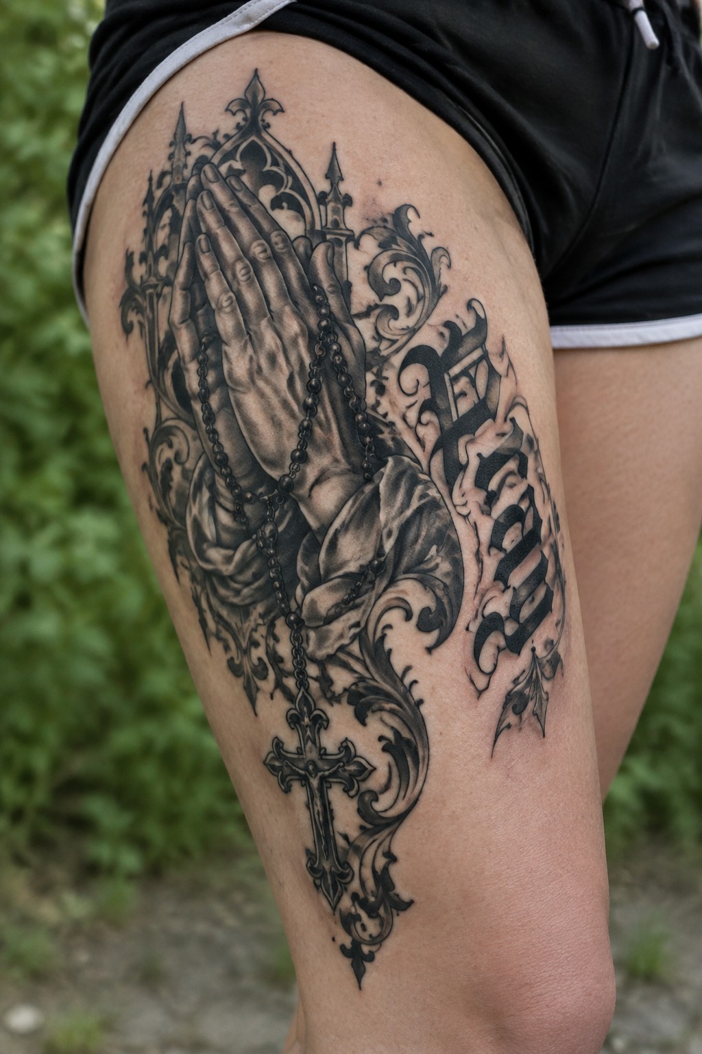 Large black and gray tattoo of praying hands with rosary, cross, and gothic lettering on thigh