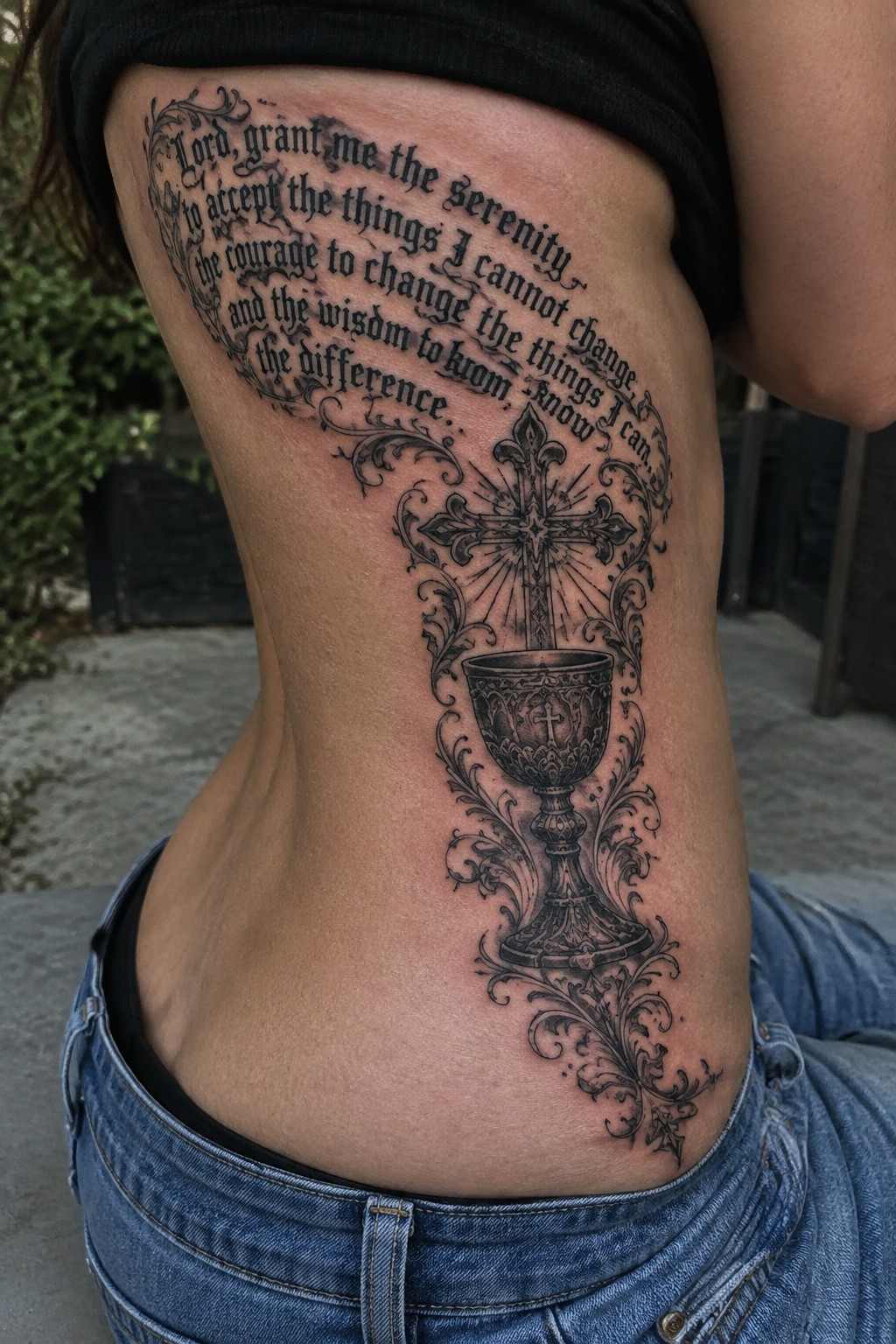 Side view of a large tattoo showing the Serenity Prayer in dark gothic lettering curving around a central cross and chalice with decorative flourishes.