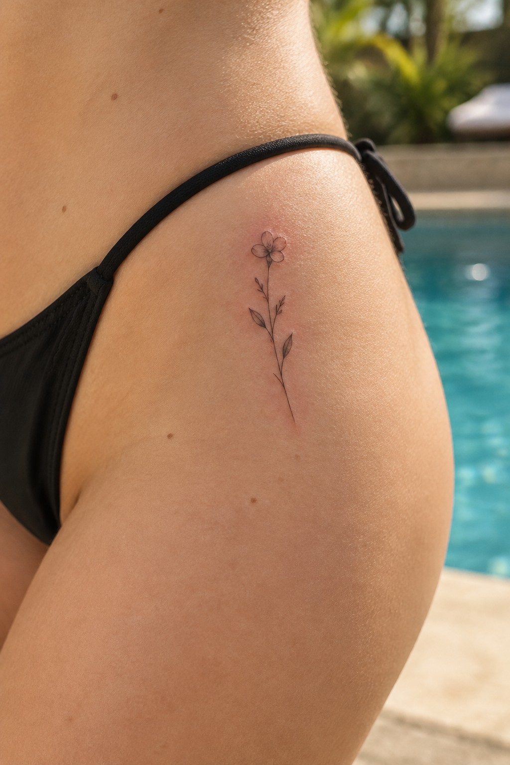 Black bikini bottoms with small flower tattoo on hip by pool