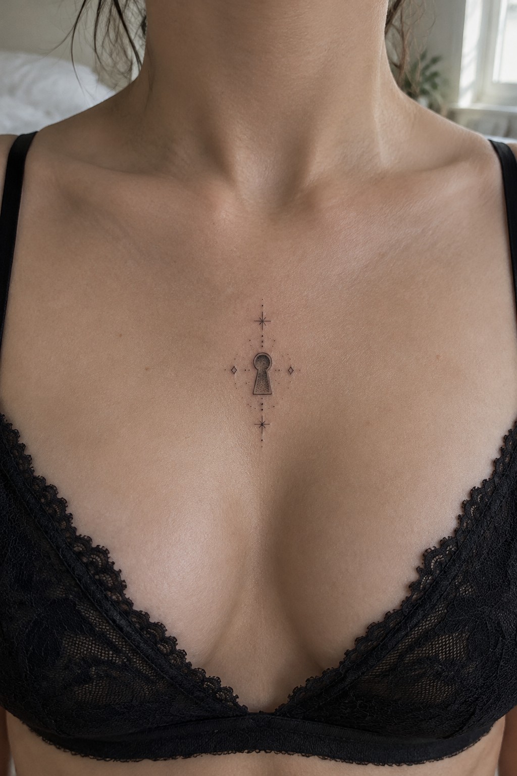 Black lace bra and keyhole tattoo with stars on chest