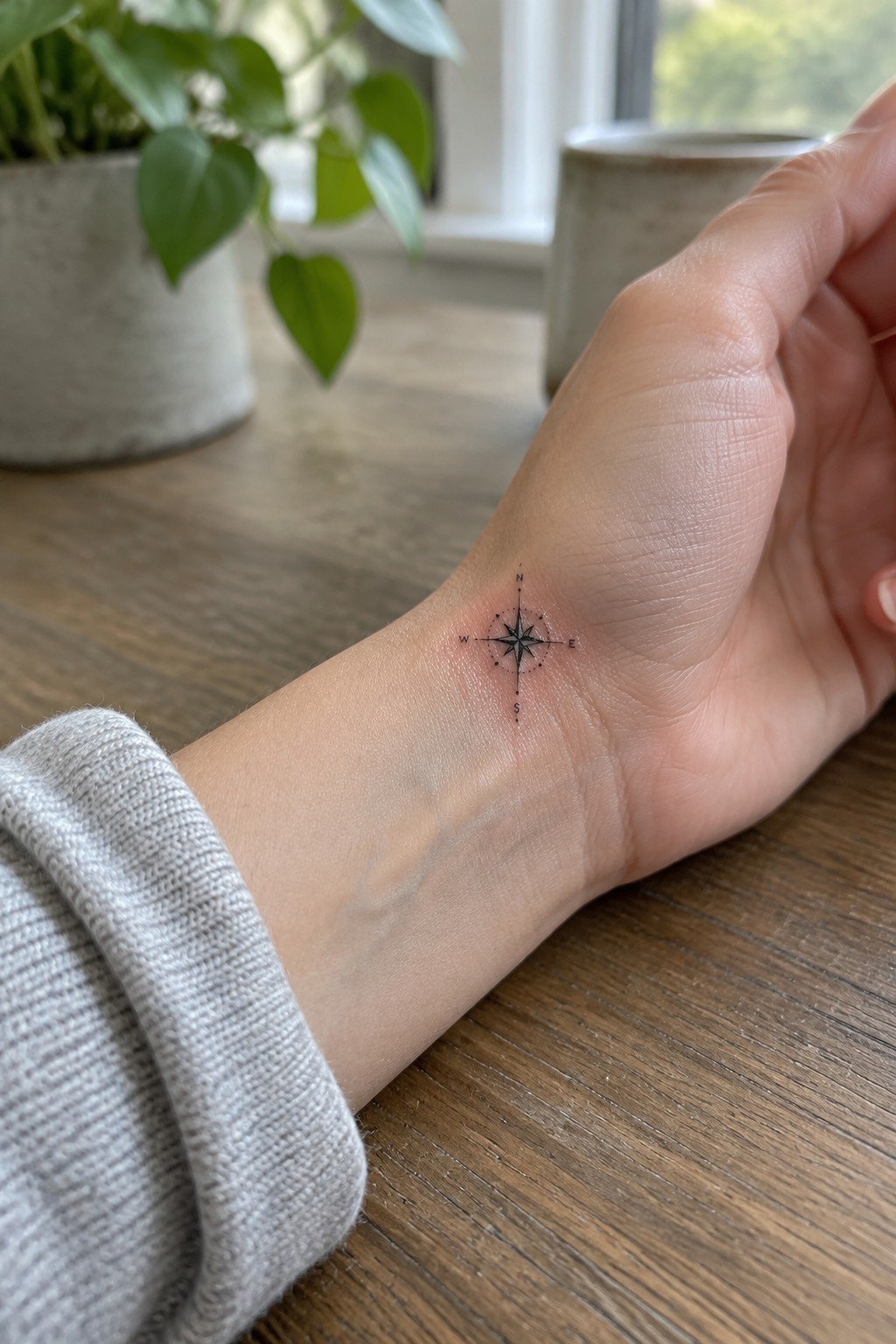 Small black compass tattoo on inner wrist with gray sweater on wood table