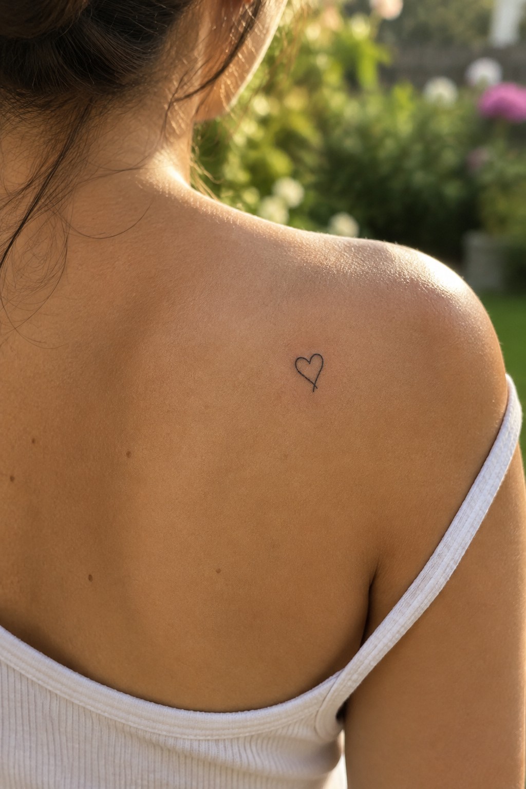 Woman's sunlit shoulder with small black heart tattoo and white tank top strap