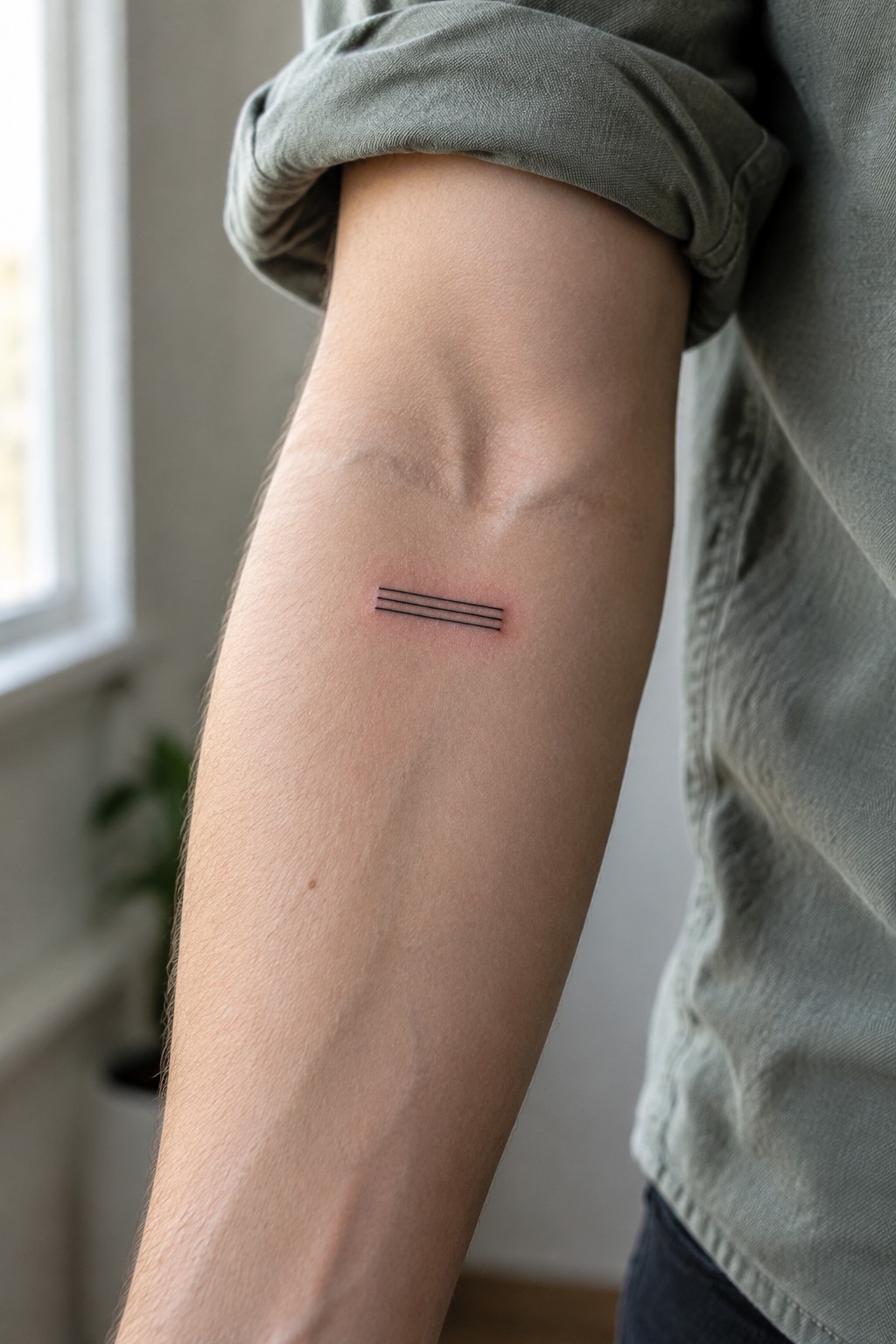 Arm with three parallel black line tattoo under rolled olive green sleeve