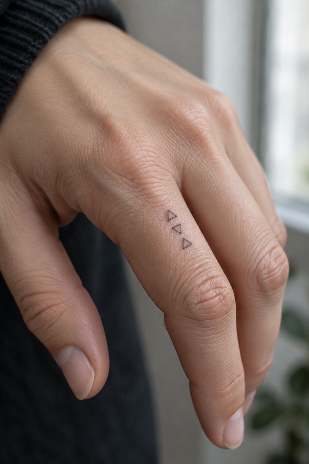 Hand in black sweater with three small triangle tattoos on ring finger