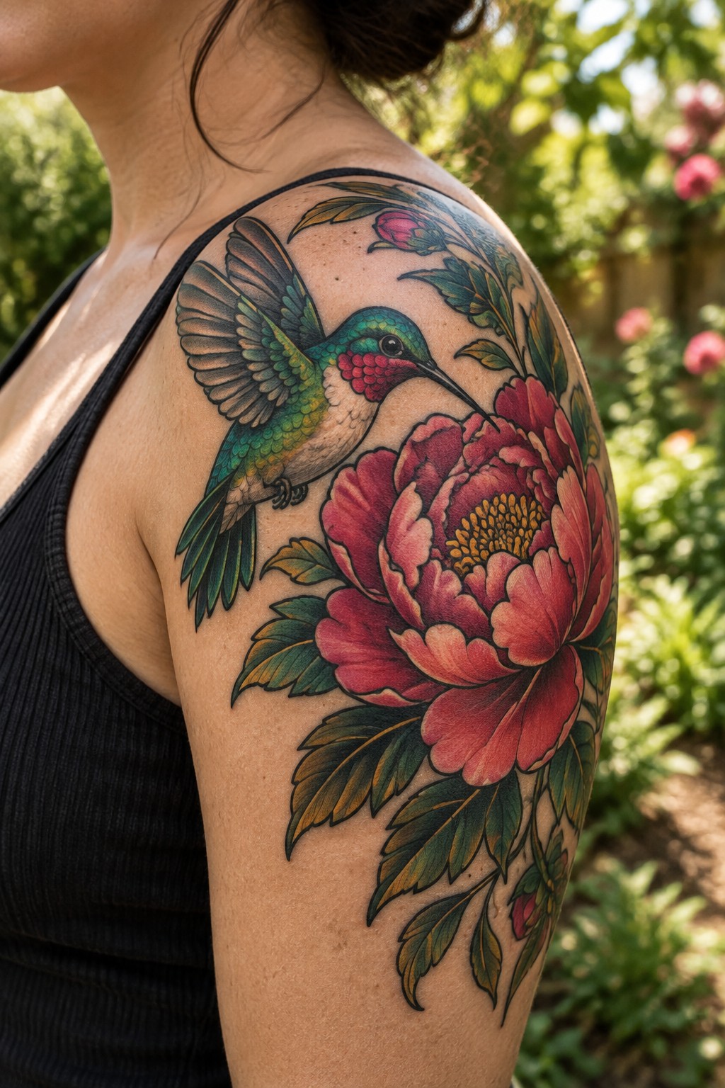 Colorful traditional-style hummingbird and peony tattoo covering a woman’s shoulder and upper arm.