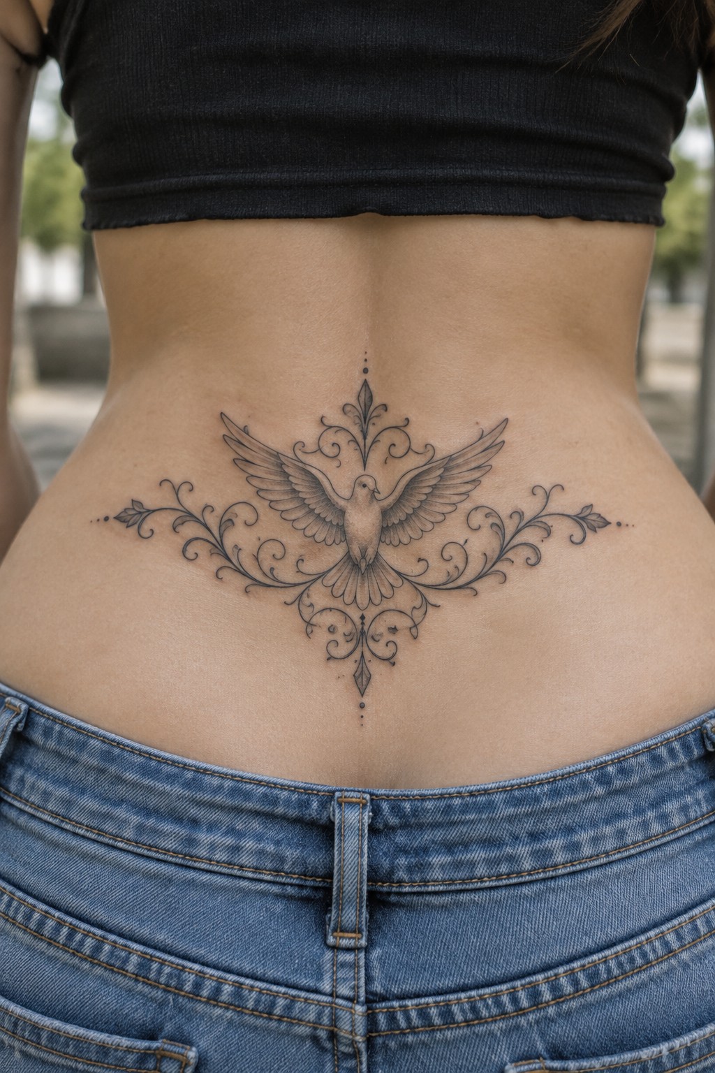 A fine-line dove with outstretched wings and symmetrical ornamental flourishes tattooed across a woman’s lower back.