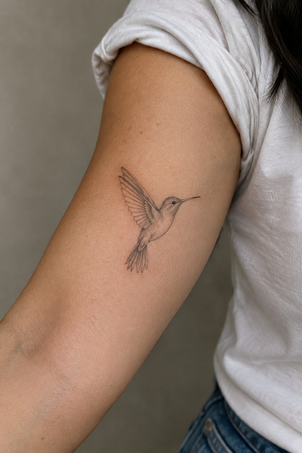 Small fine-line hummingbird tattoo in flight on a woman’s upper arm.