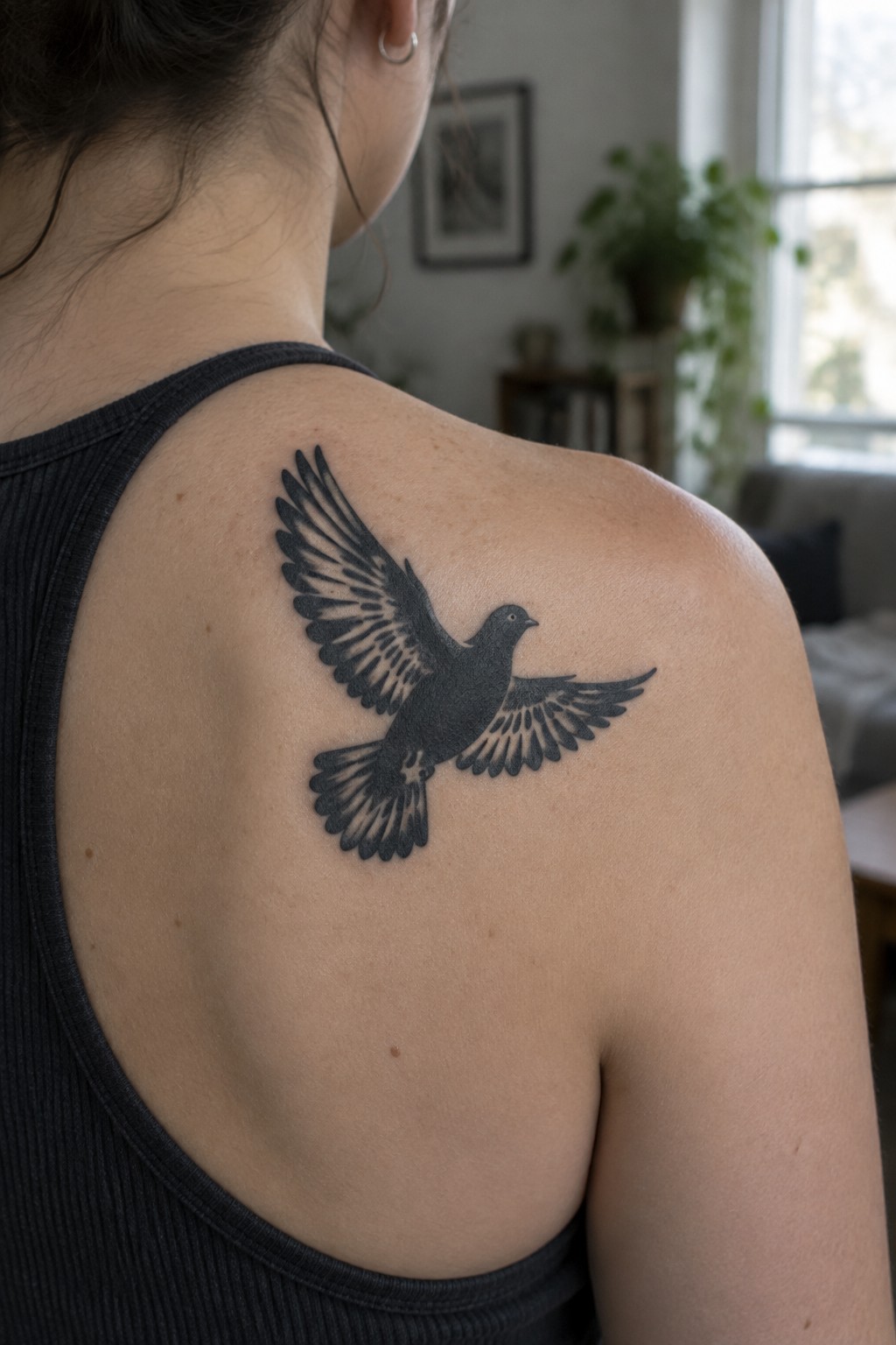 Black dove tattoo with wings spread across a woman’s upper shoulder.