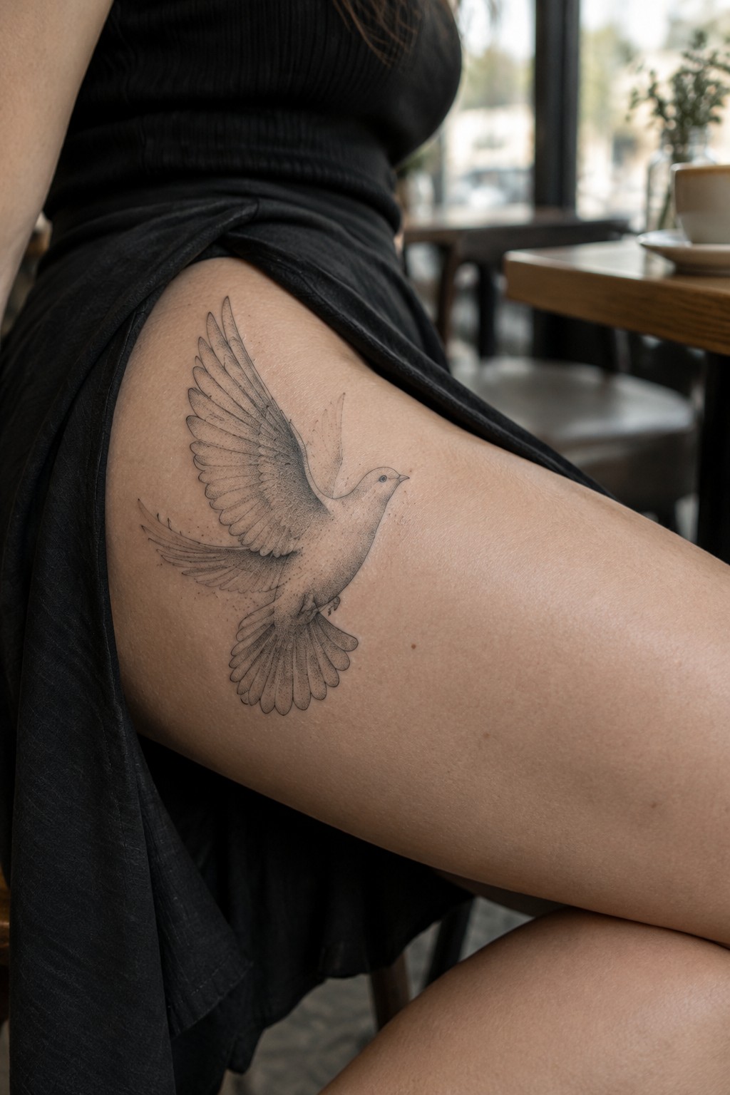 Fine-line shaded dove tattoo with wings spread across a woman’s upper thigh.