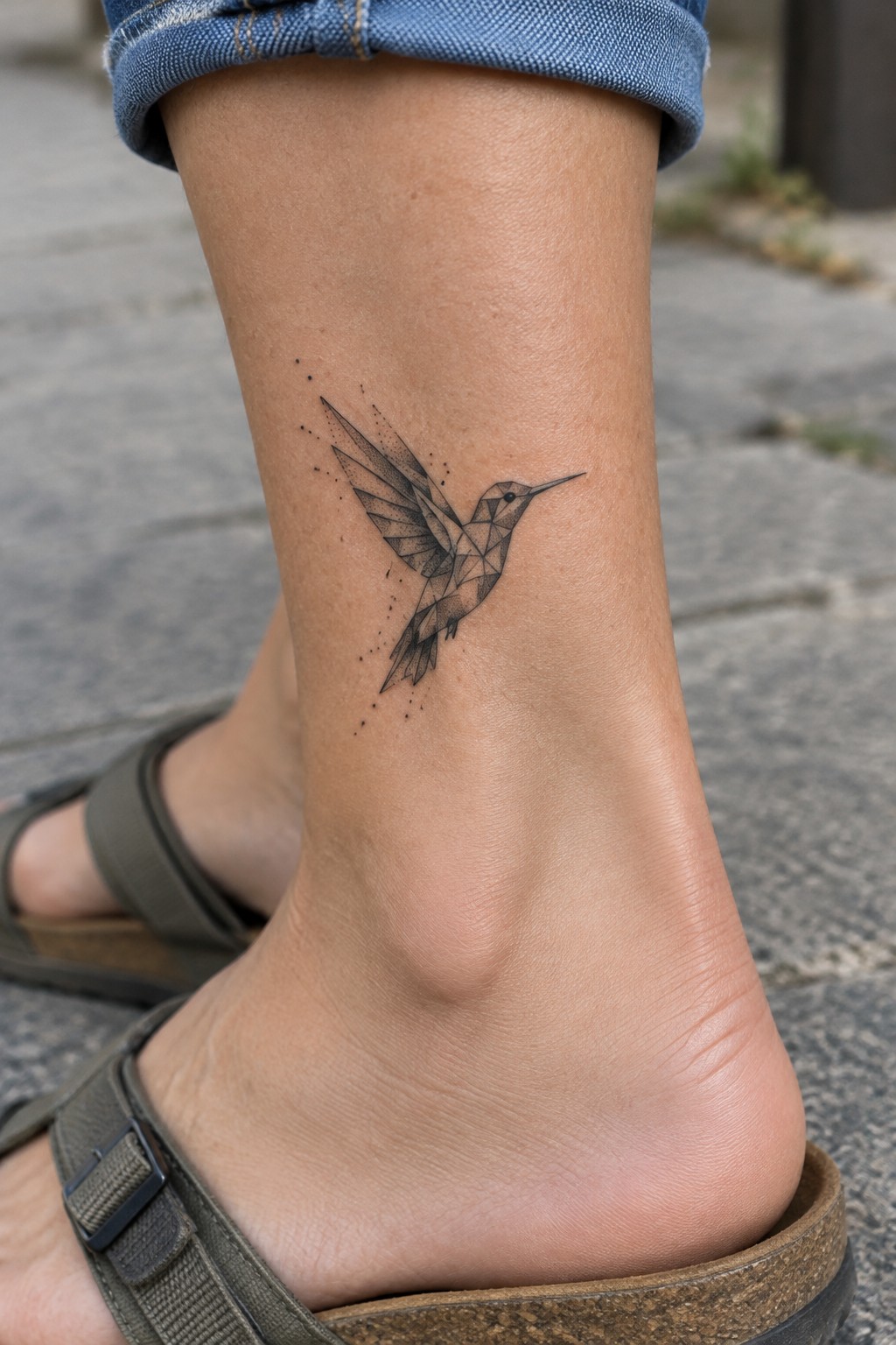 Small black and gray geometric hummingbird tattoo on the outer ankle above a sandal.