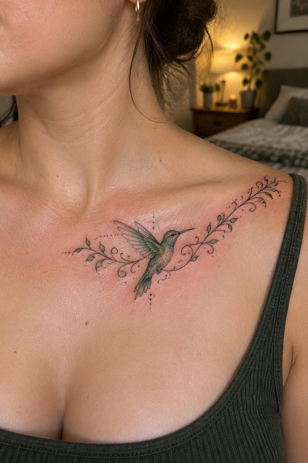 Small green hummingbird tattoo with fine leafy branches across the collarbone.