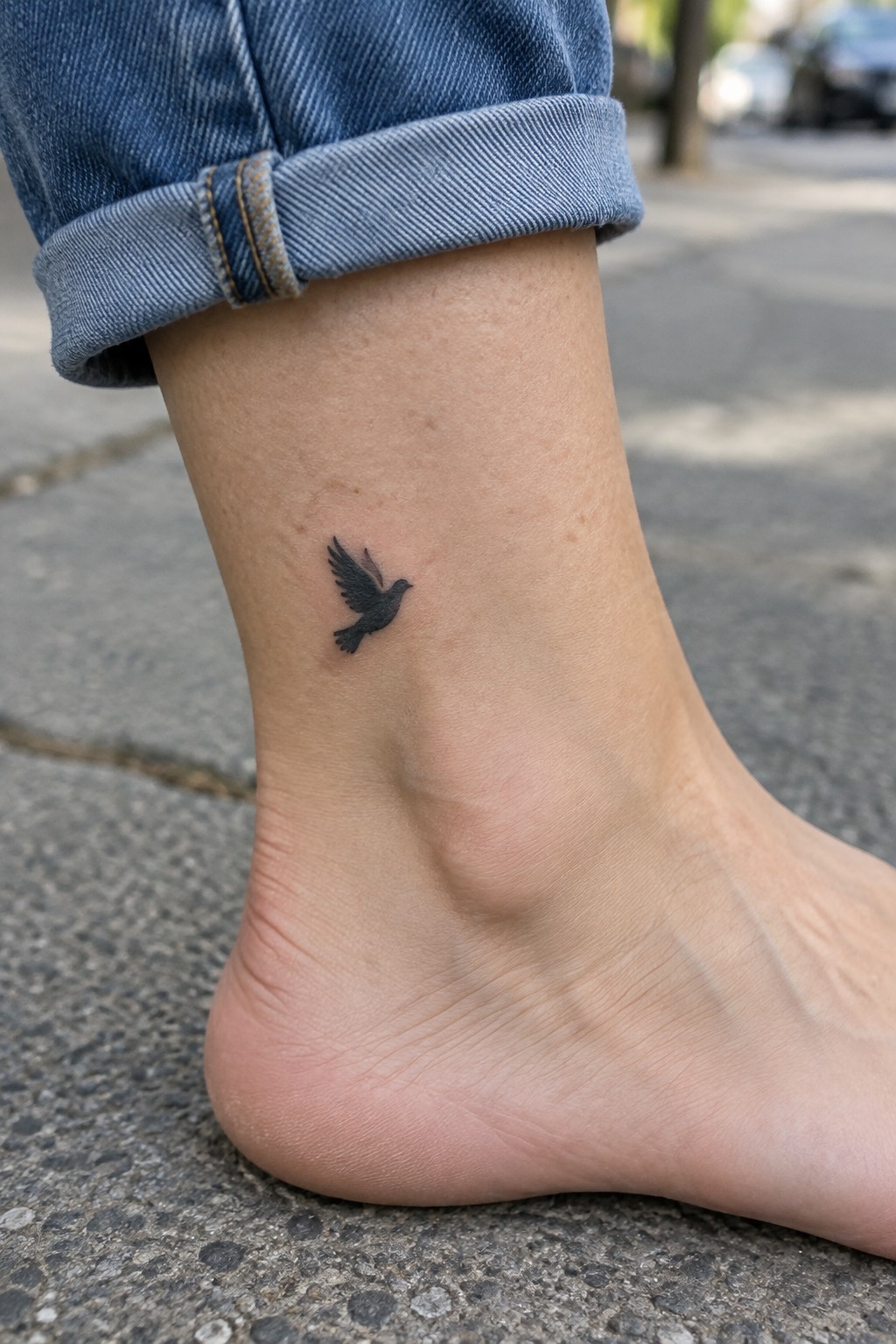 Small black flying dove tattoo on the outer ankle above the heel.