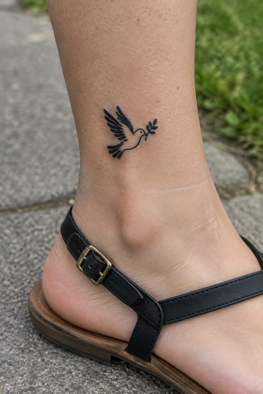 Small black dove tattoo carrying an olive branch on the outer ankle above a black sandal.