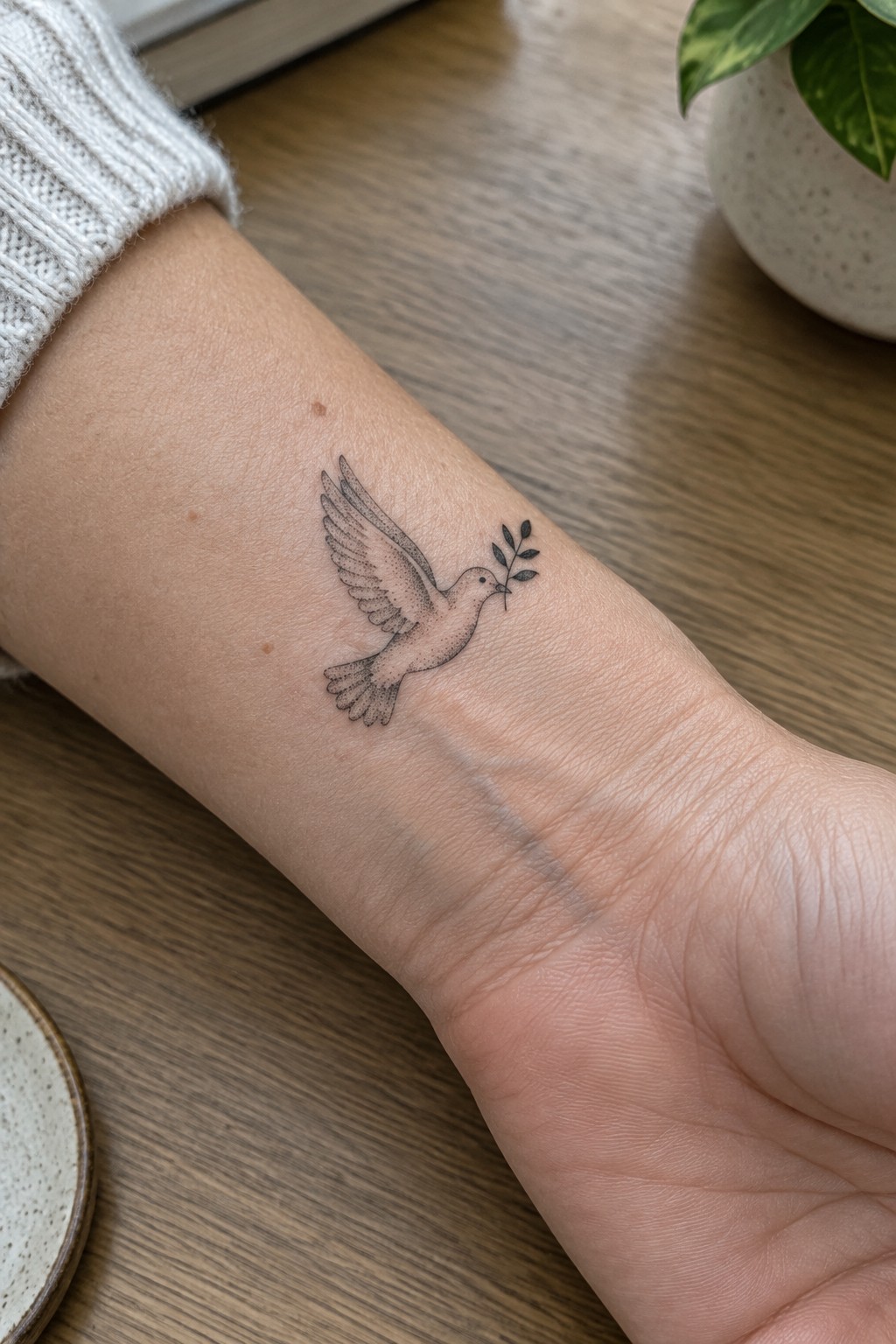 Small black-and-gray dove tattoo carrying an olive branch on the inner forearm.