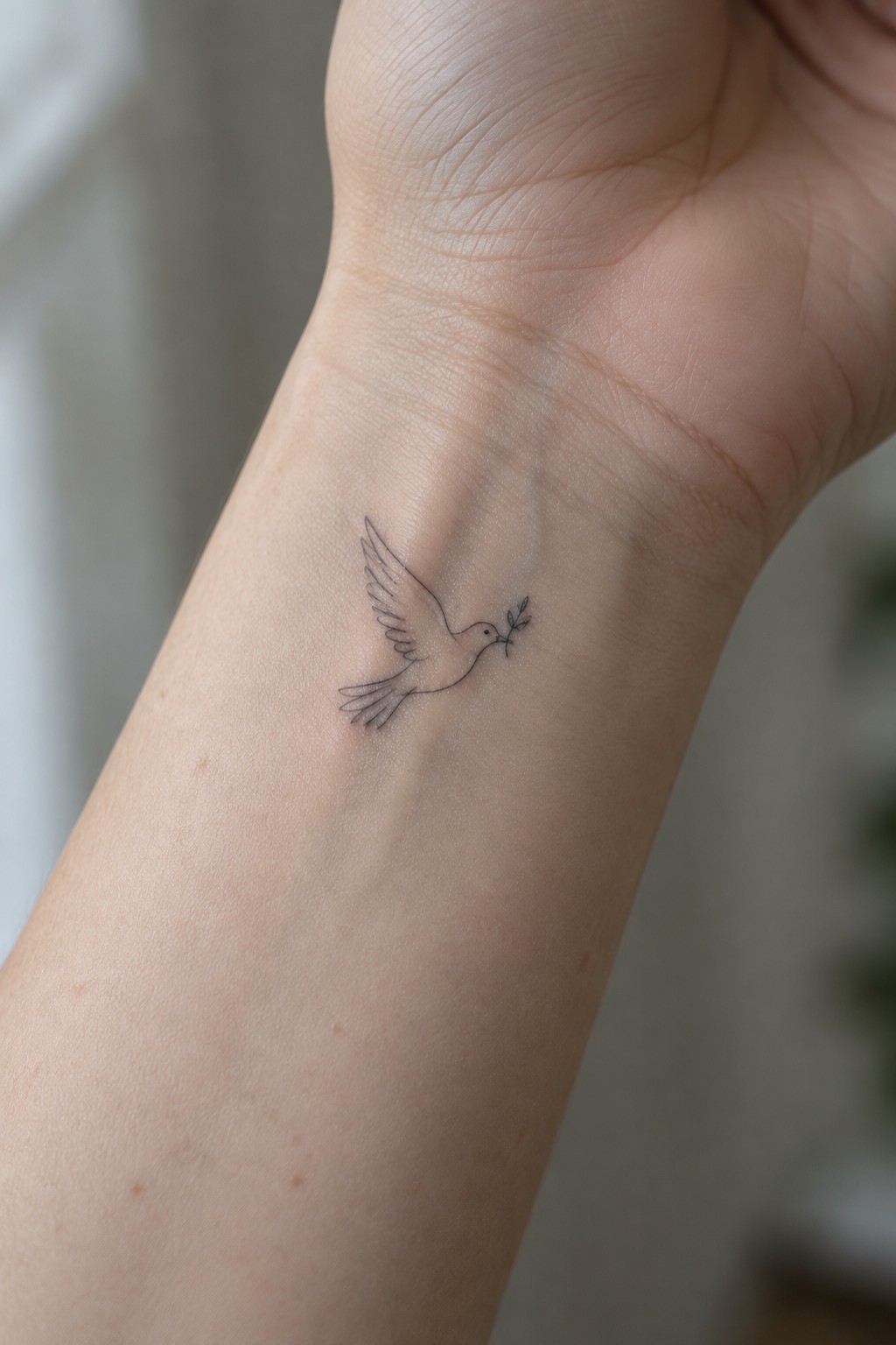 Small fine-line dove carrying a sprig tattoo on the inner wrist.