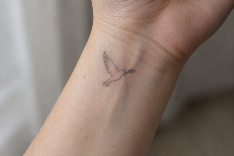 19 Lovely Bird Tattoo Ideas for Women Inspired by Doves and Hummingbirds Small fine-line dove carrying a sprig tattoo on the inner wrist.