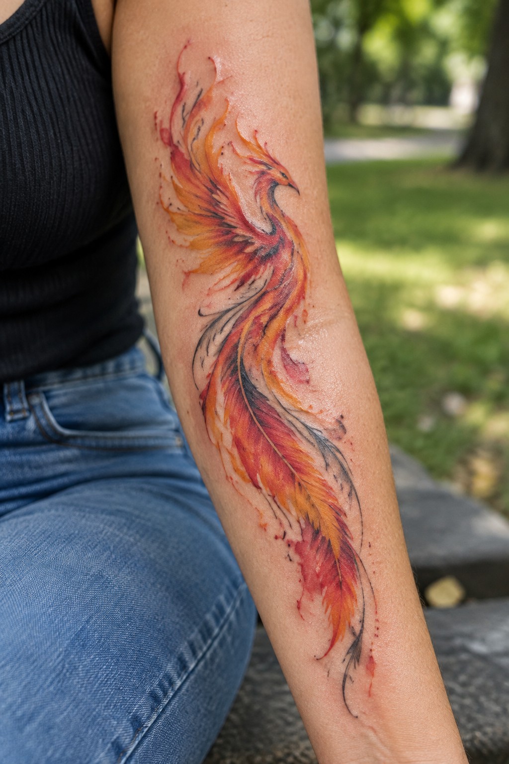 Colorful red and orange phoenix tattoo running down a woman’s forearm.