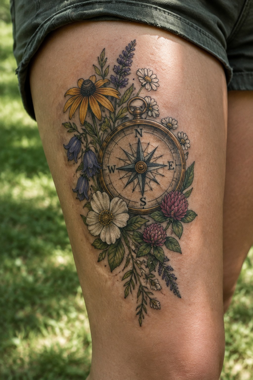 Colorful compass rose surrounded by wildflowers tattooed on a woman’s thigh.