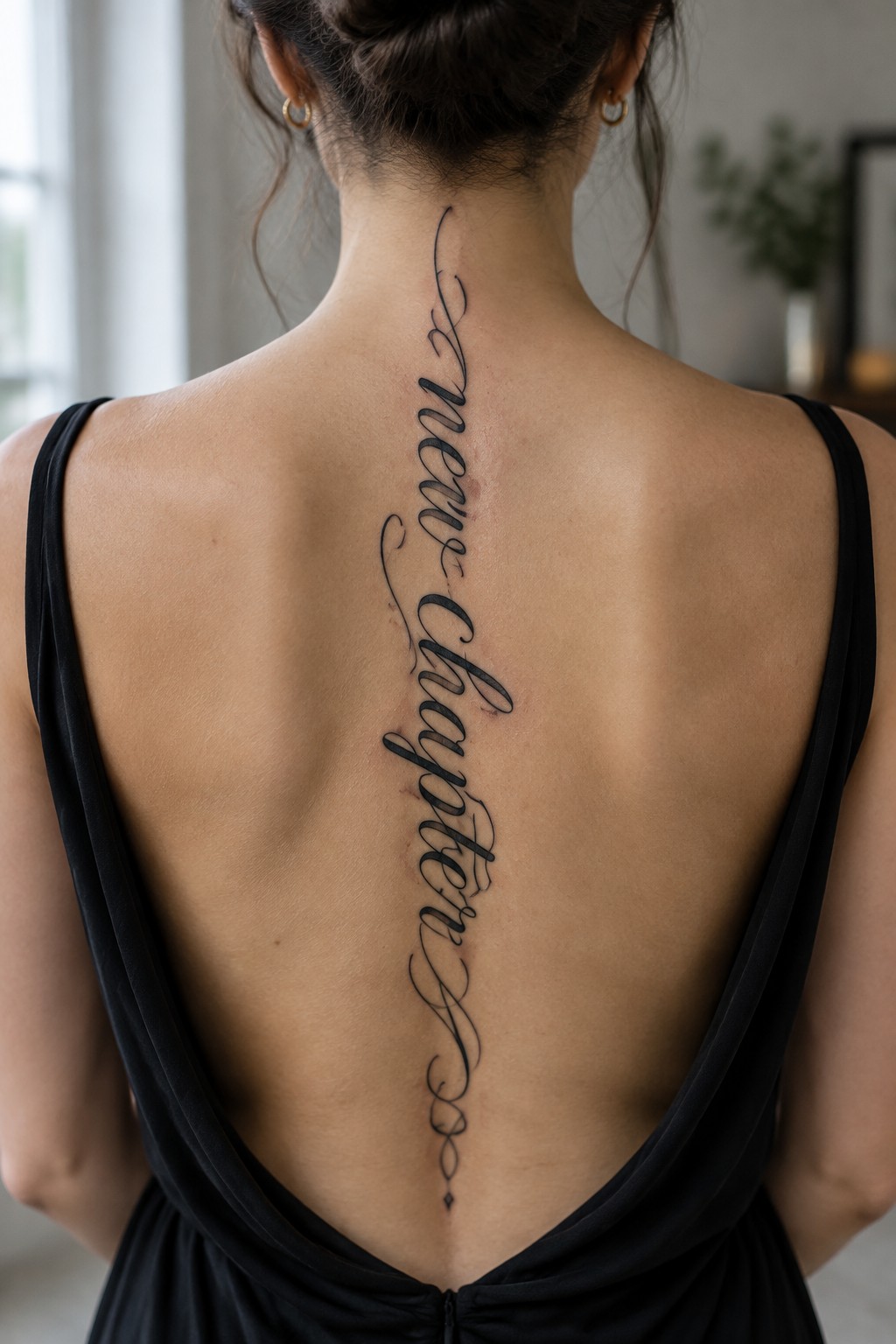 Woman with a long black script tattoo and decorative flourishes running down the center of her back.