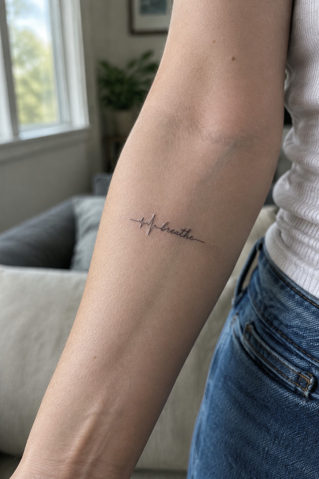 Small fine-line heartbeat tattoo leading into the word “breathe” on the inner forearm.