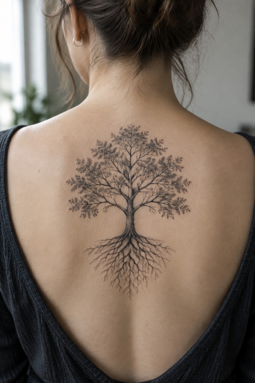 Fine-line tree tattoo with detailed branches and roots centered on a woman’s upper back.