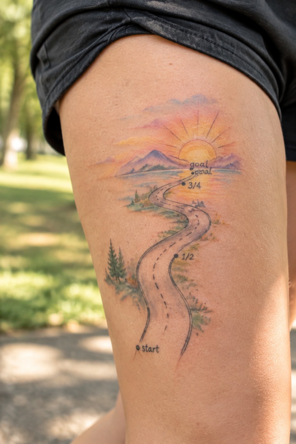 Watercolor-style winding road tattoo with start and progress markers leading toward a sunrise over mountains on a woman’s thigh.