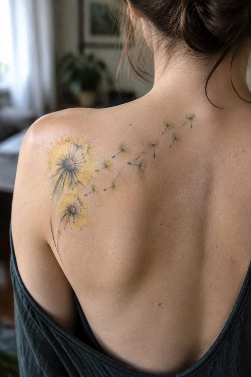Fine-line dandelion tattoo with muted yellow flowers and drifting seeds across a woman’s shoulder and upper back.