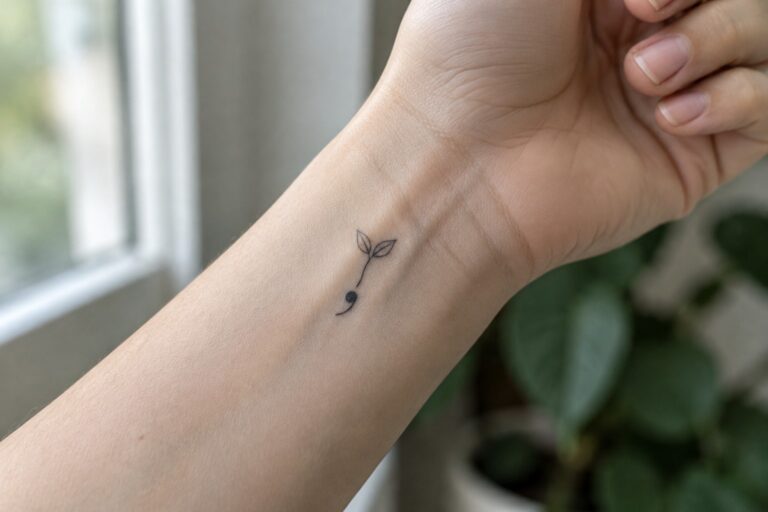 19 Lovely Healing Tattoo Ideas for Women After Major Life Changes Small fine-line sprout tattoo with two leaves and dots on the inner wrist.