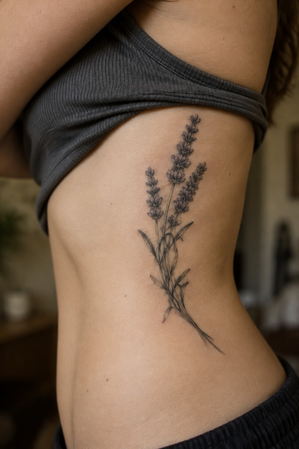 Fine-line lavender sprig tattoo on a woman’s side ribs, with dark gray stems and shaded flower clusters.
