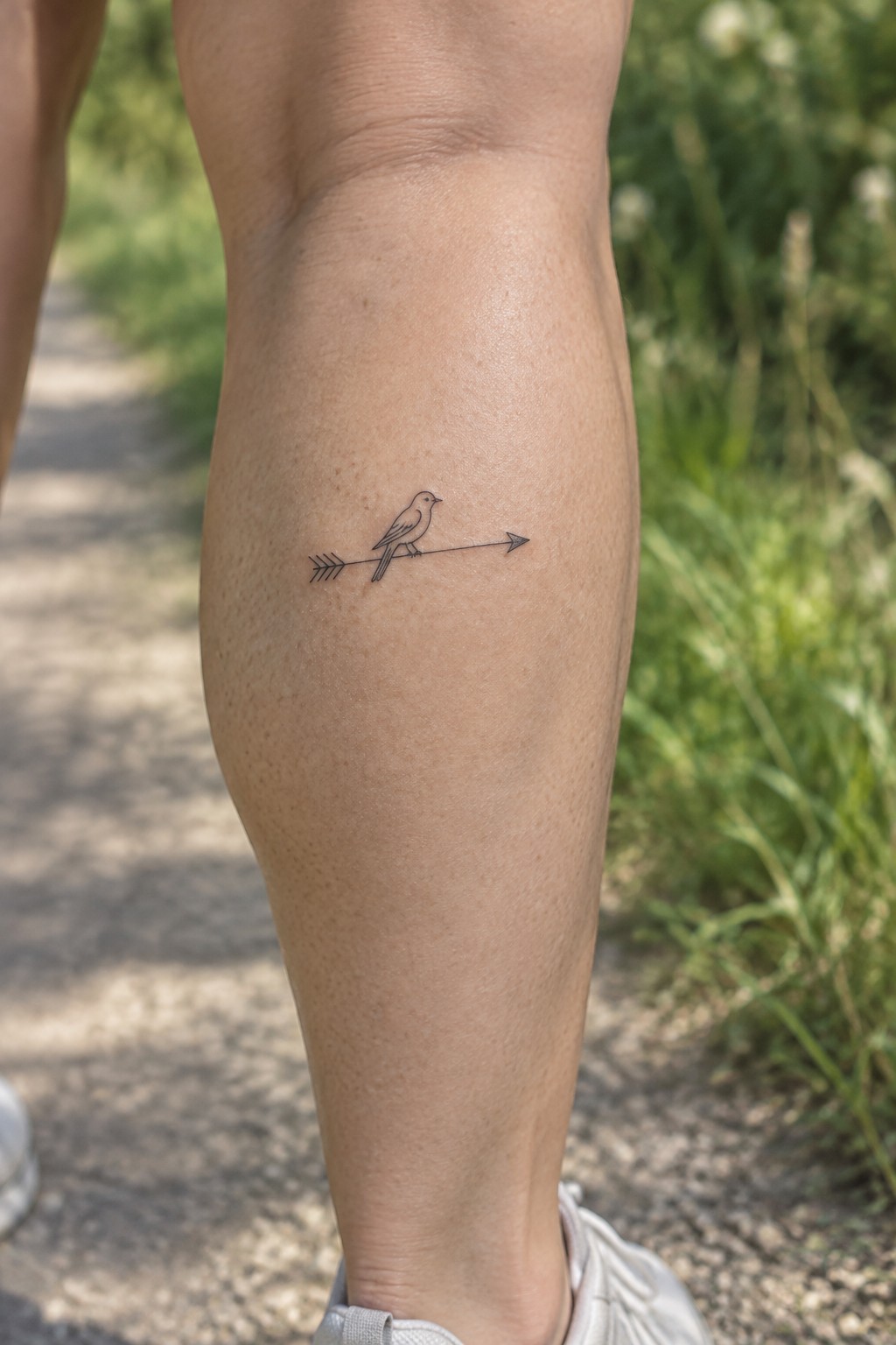 Minimalist line tattoo of a small bird perched on a horizontal arrow, placed on the side of the lower leg.