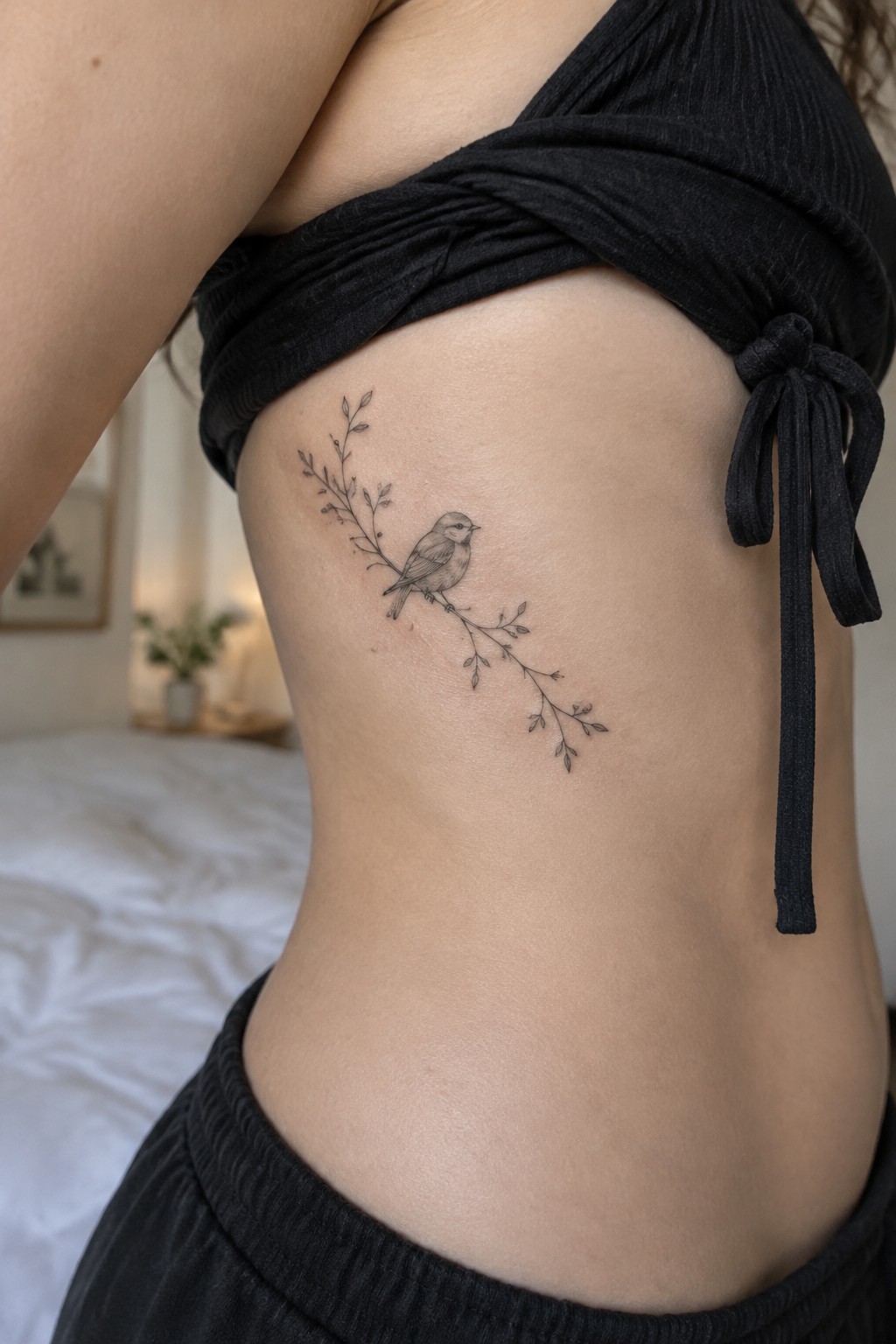 Black ink bird on leafy branch tattoo across torso under tied black top