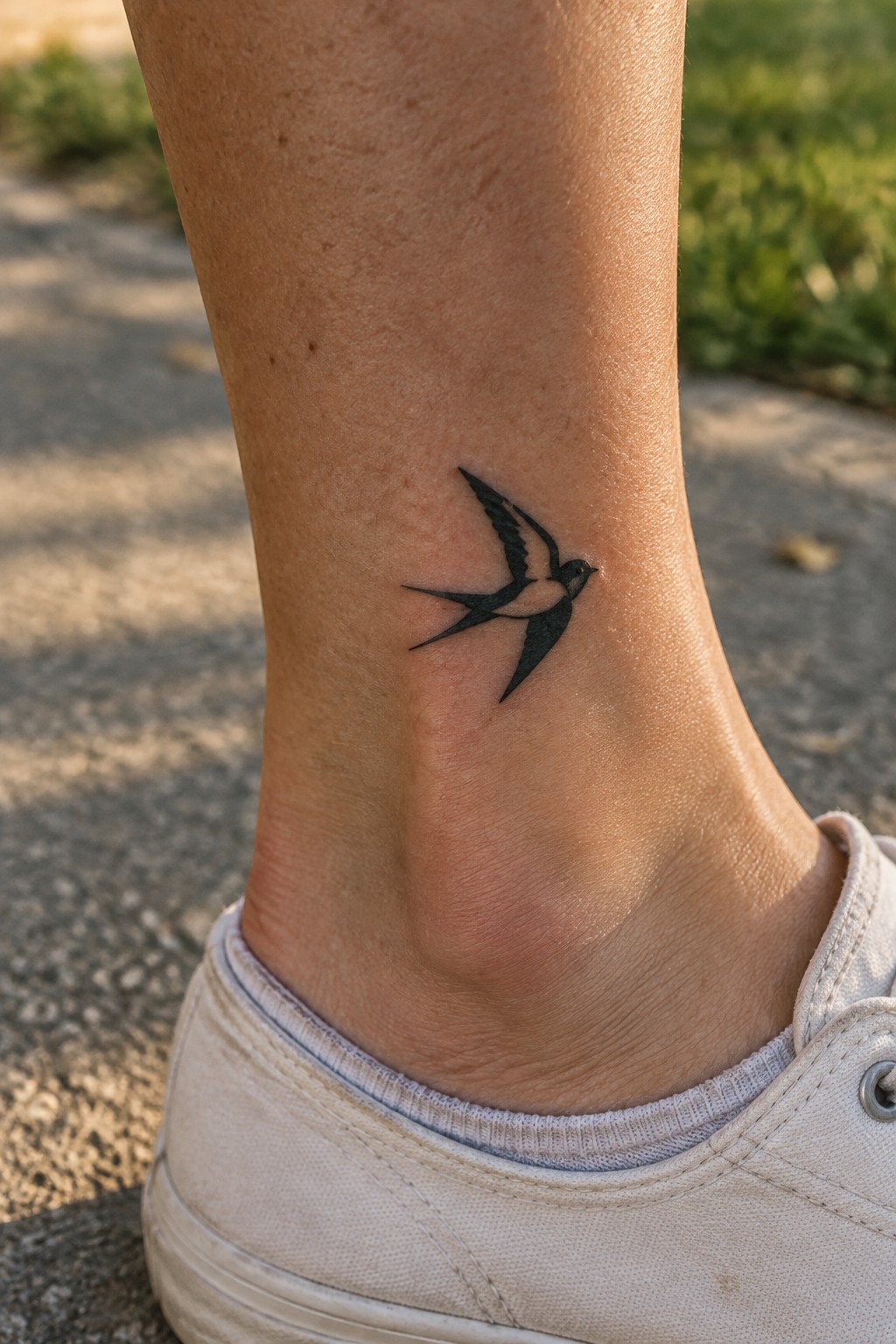 Black swallow tattoo on ankle above white canvas sneaker outdoors