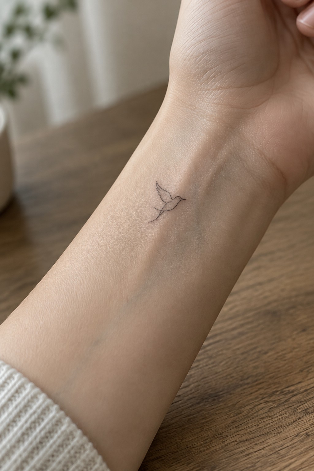 Delicate flying bird tattoo on pale wrist over dark wood near white sweater cuff