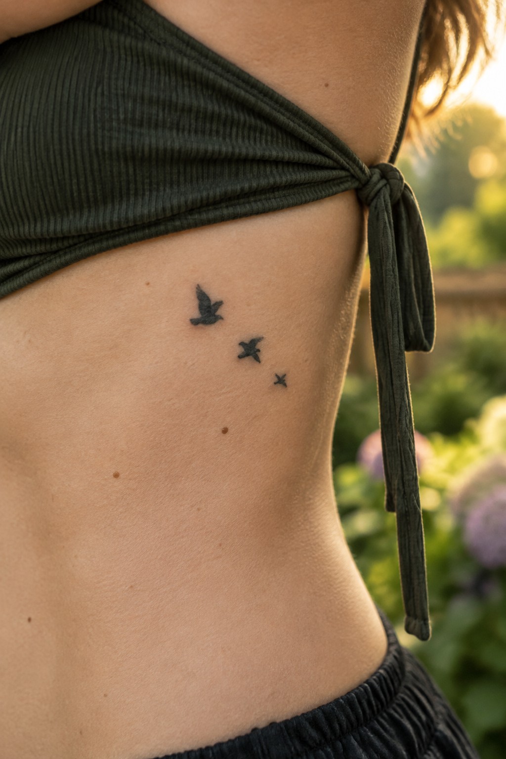 Three black bird tattoos on ribs beside knotted green ribbed top in sunlight