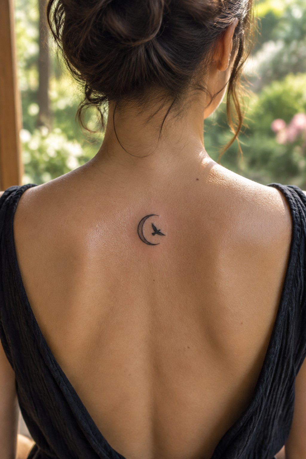 Woman's back with crescent moon and bird tattoo, black open-back top, hair in bun.