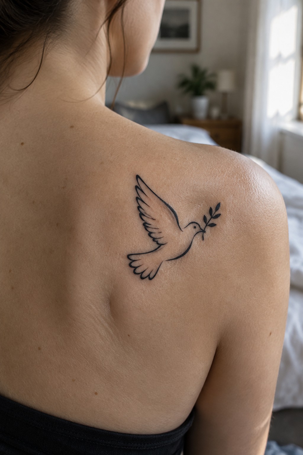 Woman's shoulder with black line-art dove and olive branch tattoo