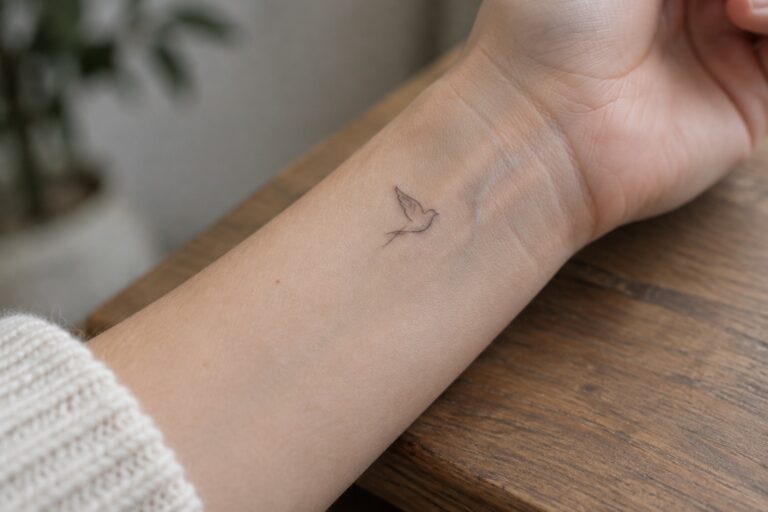 20 Minimalist Bird Tattoos with Clean Silhouettes and Symbolic Meaning Delicate flying bird tattoo on pale wrist over dark wood near white sweater cuff