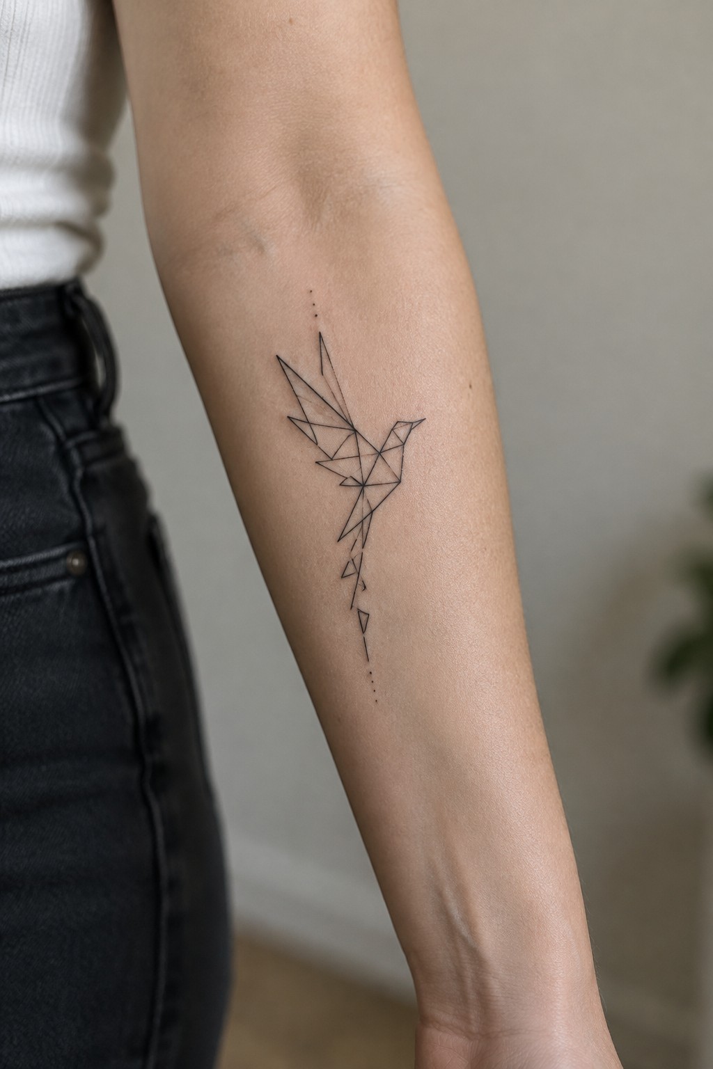 Geometric bird tattoo on forearm with dotted trail, white top and black jeans