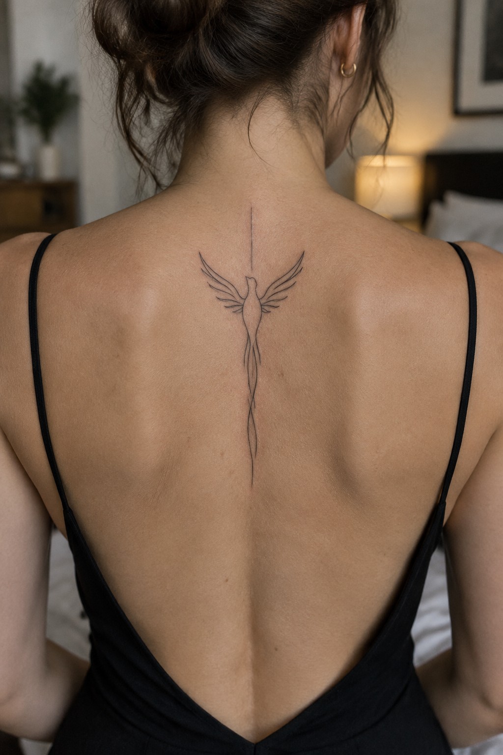 Woman's back with phoenix tattoo, wearing black low-back dress, hair in bun
