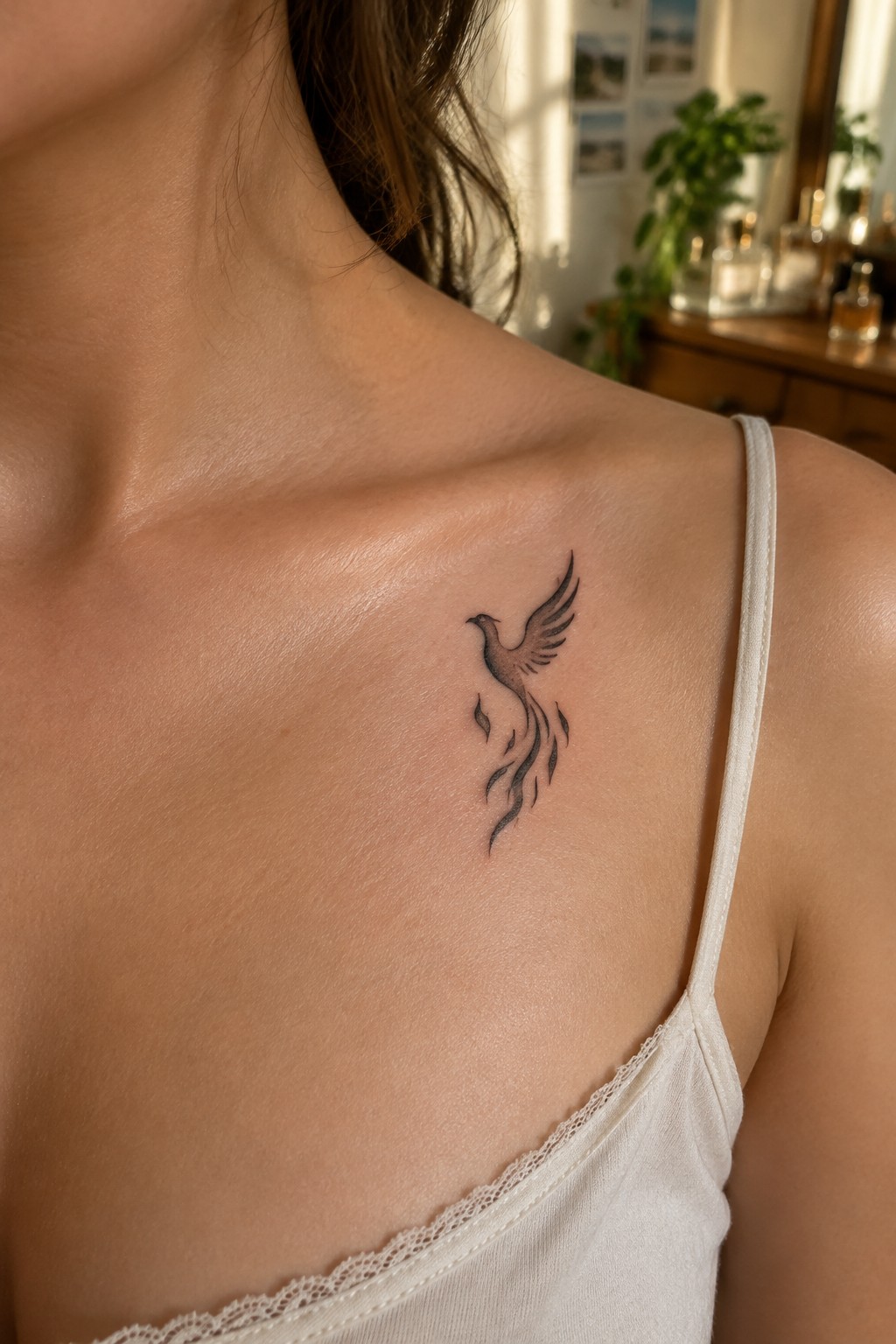 Small minimalist phoenix tattoo on the shoulder with clean black lines and a trailing tail