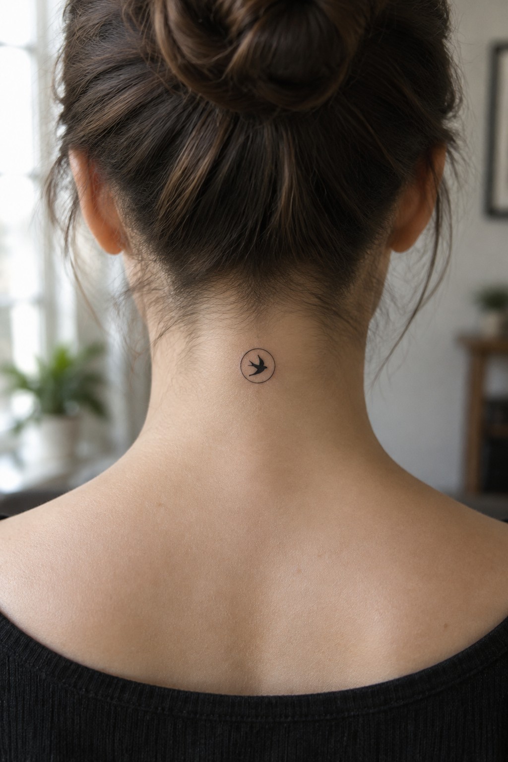 Brown-haired person in black top with circular bird tattoo on nape of neck.