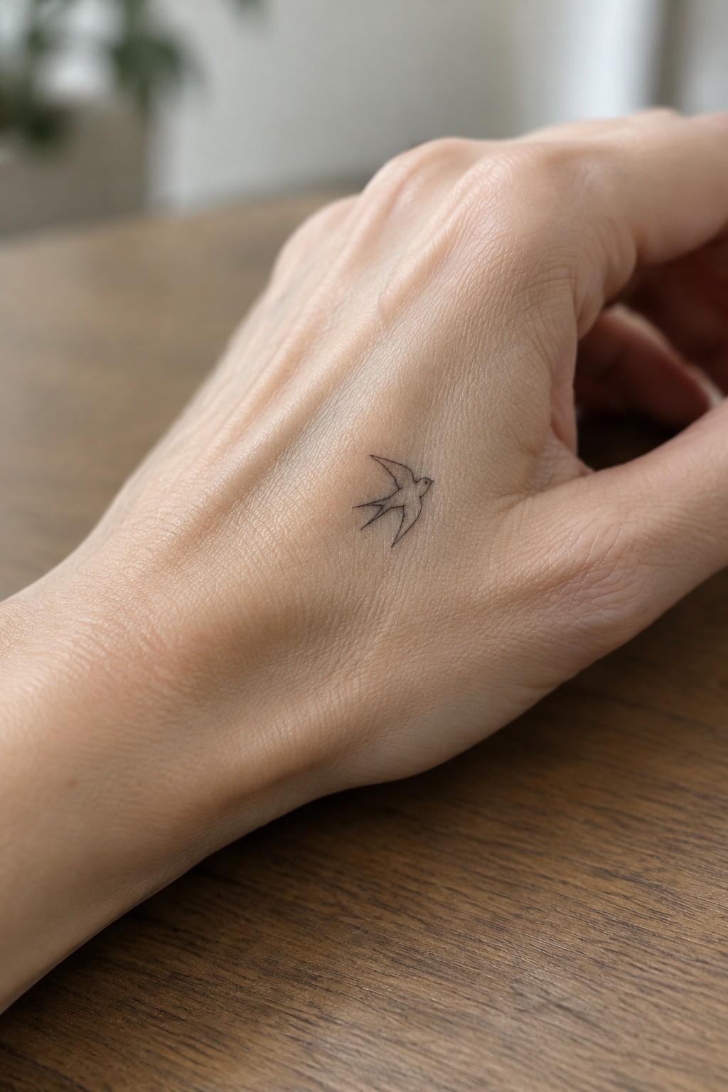 Hand with small black bird tattoo resting on wooden surface
