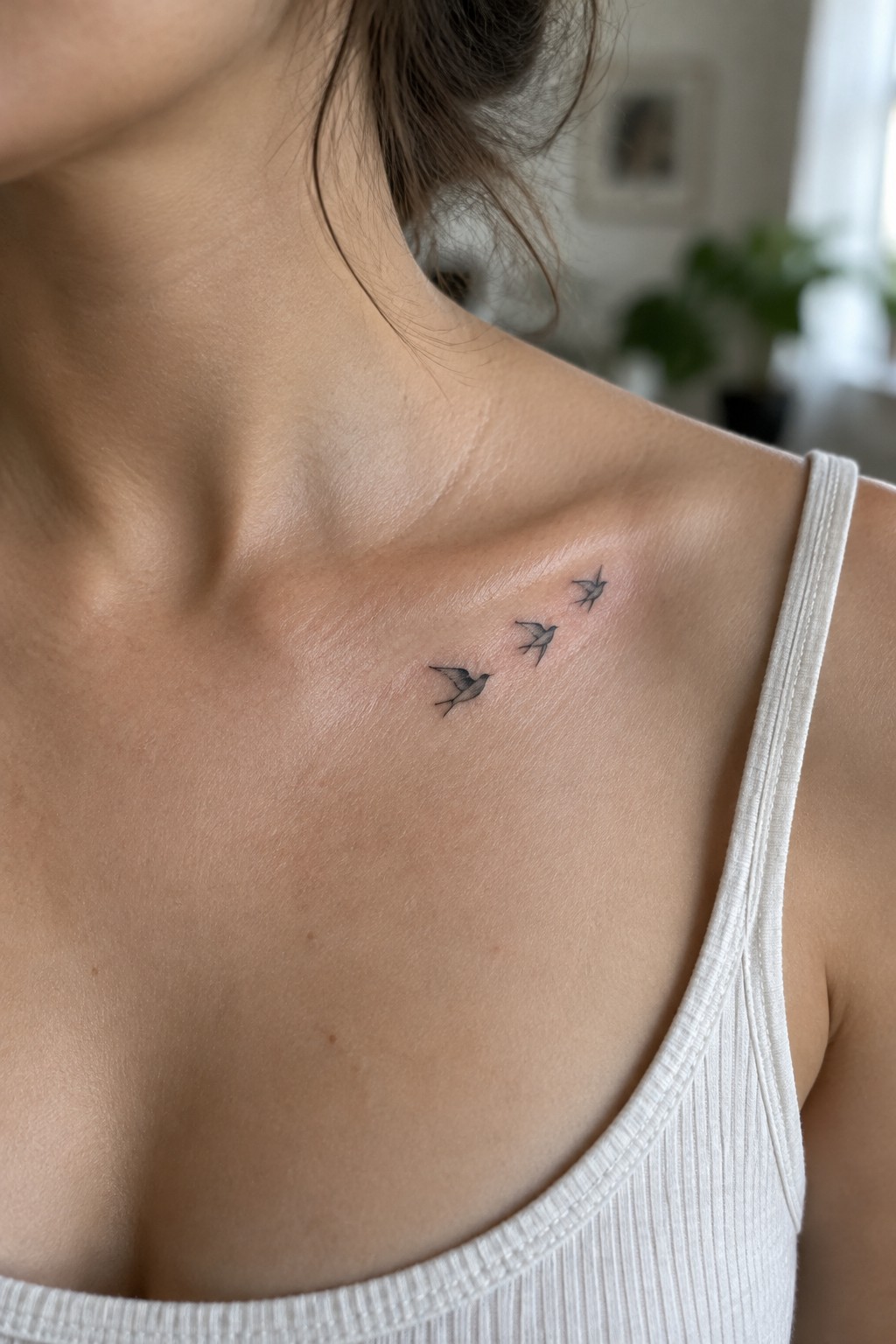 Three small bird tattoos on collarbone above white tank top strap on light skin