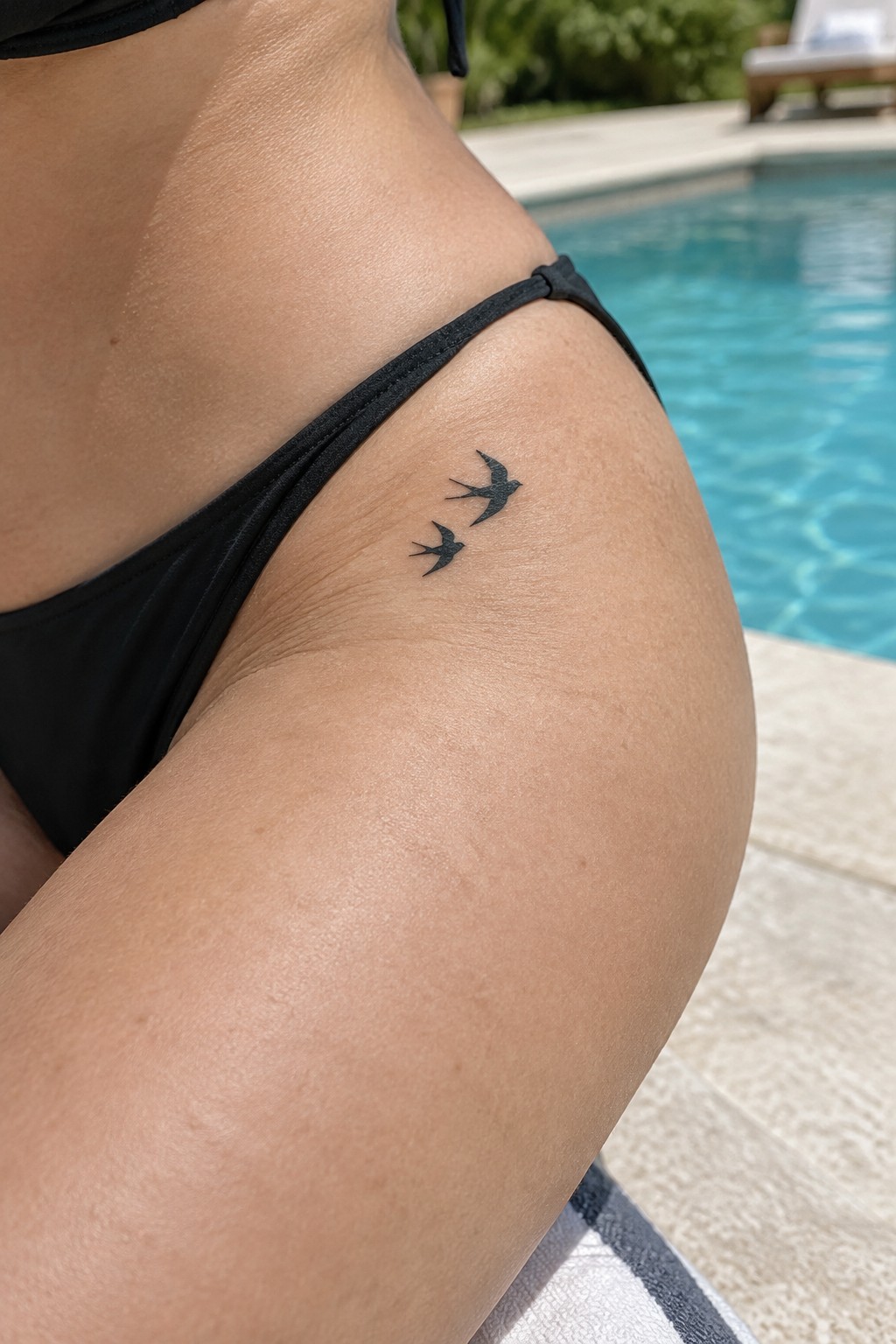 Minimalist black silhouette tattoo of two small birds on the upper arm near the shoulder