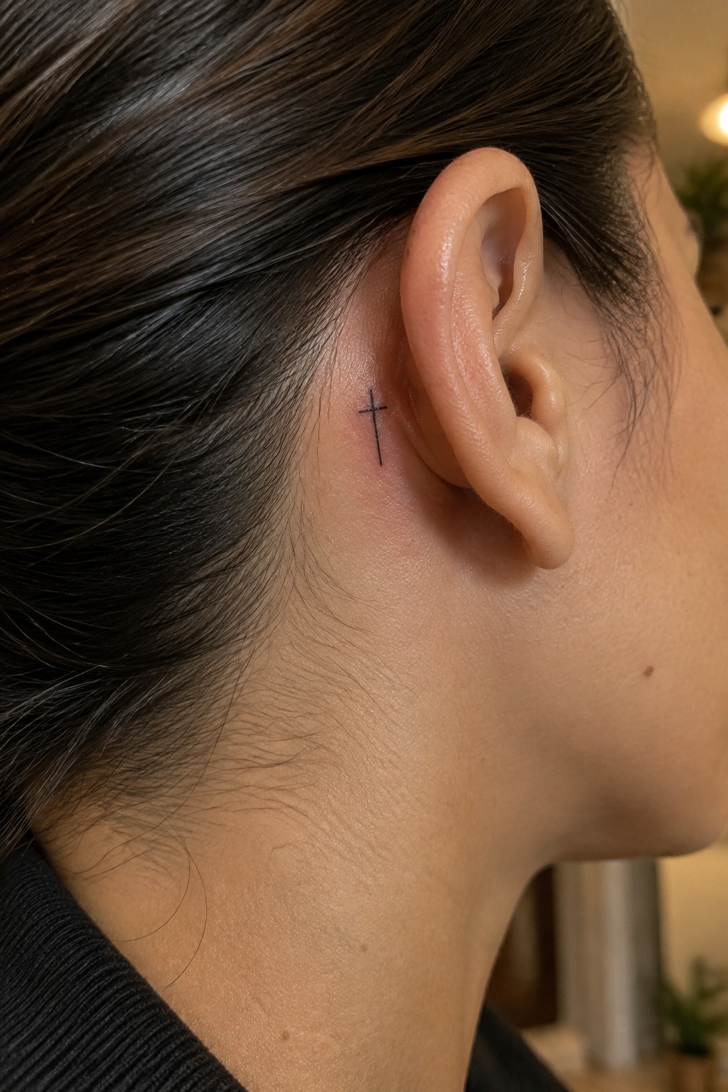Small black cross tattoo behind ear on dark-haired person with light skin