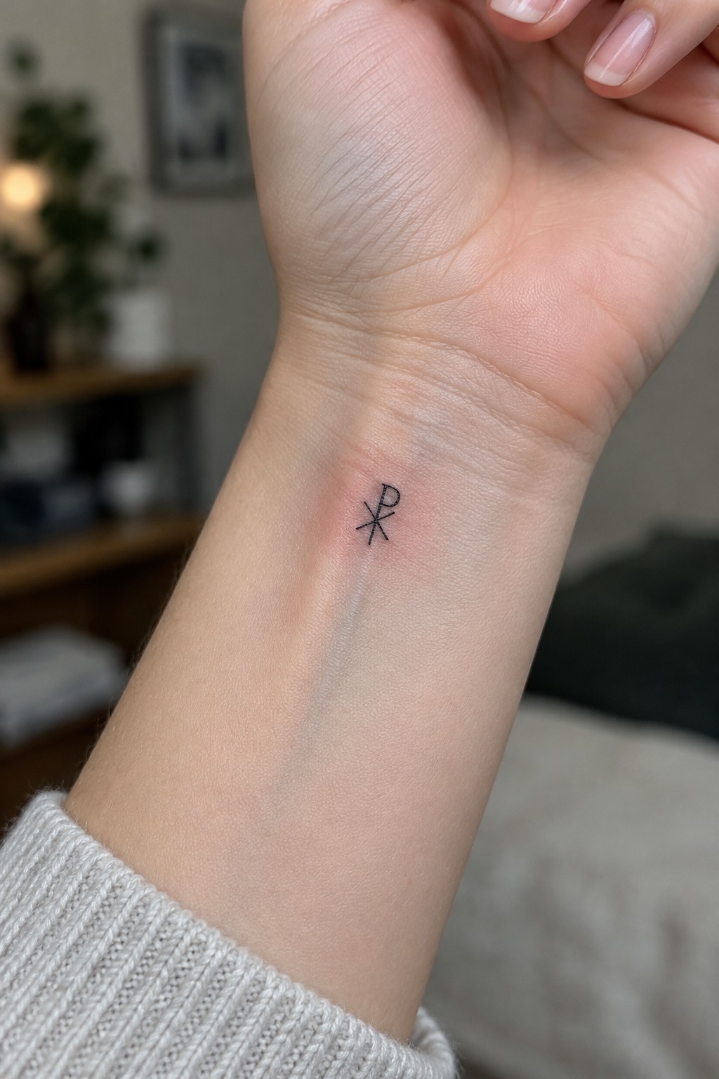 Small black symbol tattoo on inner wrist above gray sweater cuff