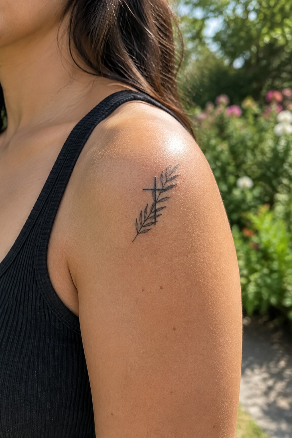 Tanned shoulder in black tank top with cross and leaf tattoo