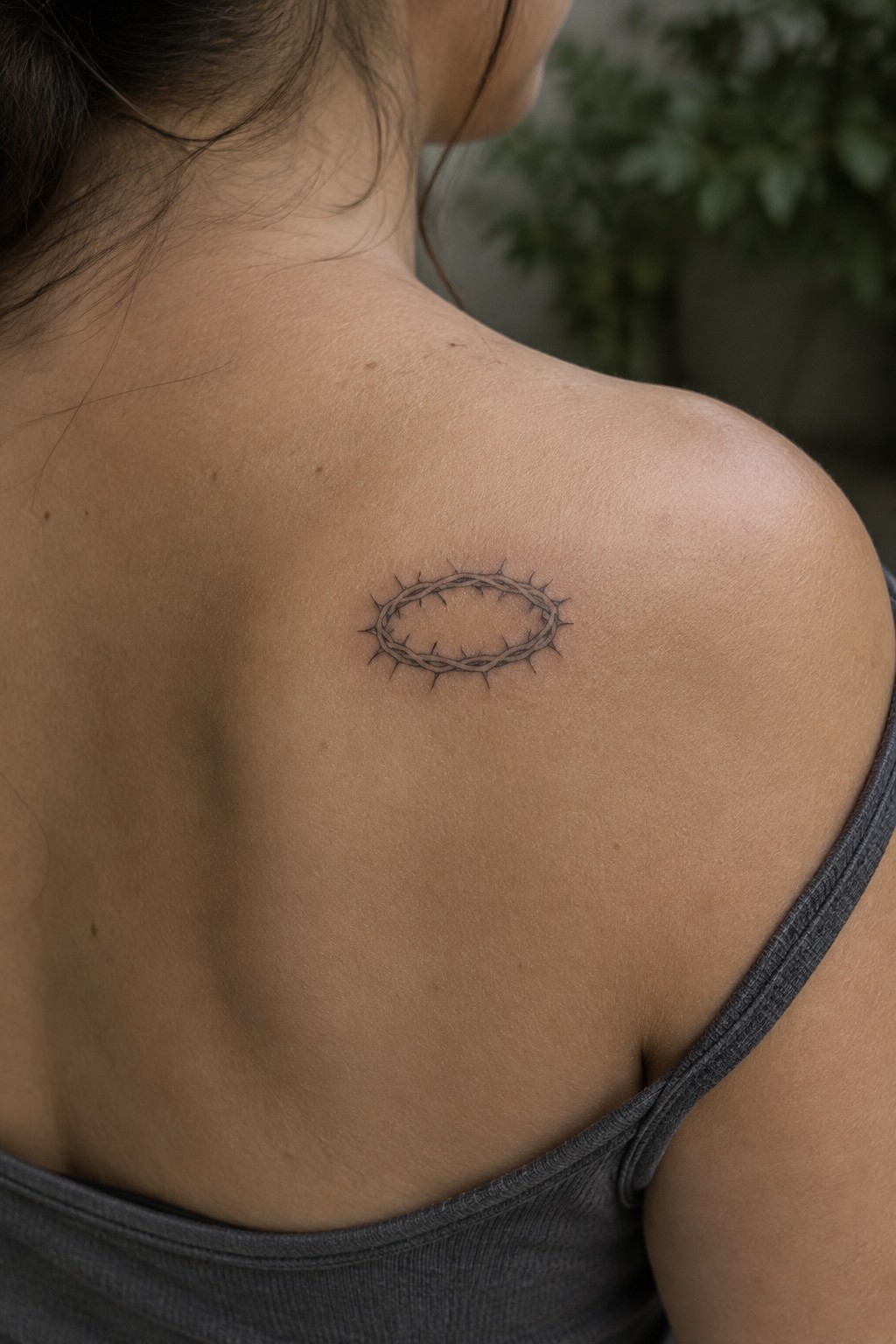 Crown of thorns tattoo on shoulder above gray tank top strap