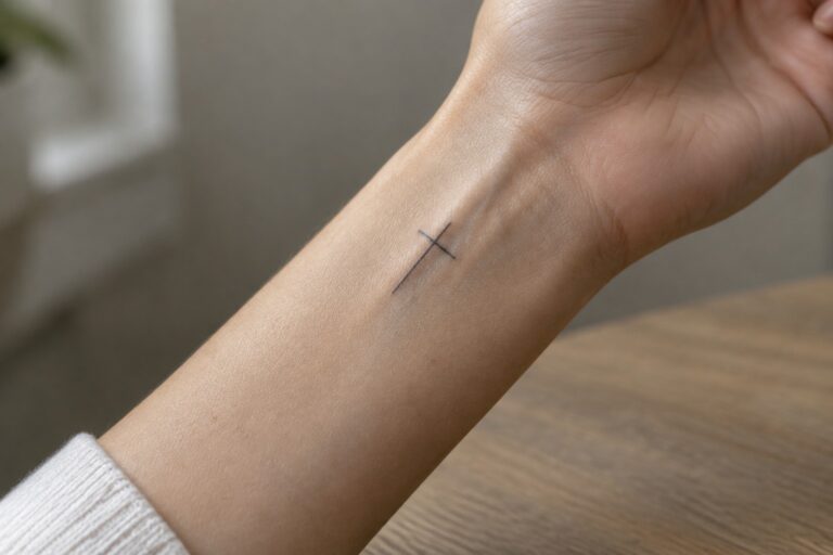 20 Minimalist Christian Tattoos for Women with Simple Faith Symbols Small black cross tattoo on light-skinned inner wrist above wooden surface