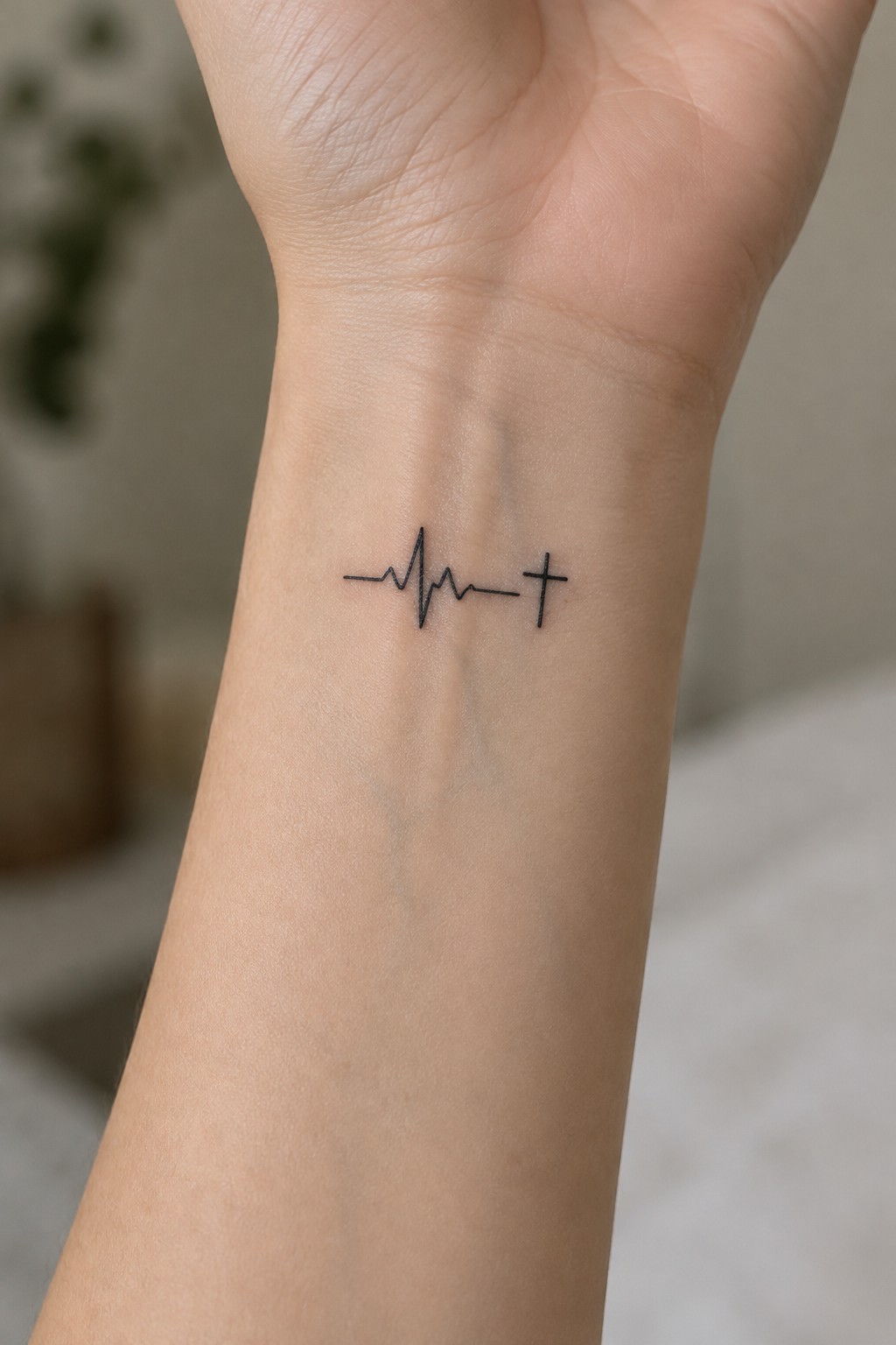 Black heartbeat line tattoo ending with a cross on inner wrist